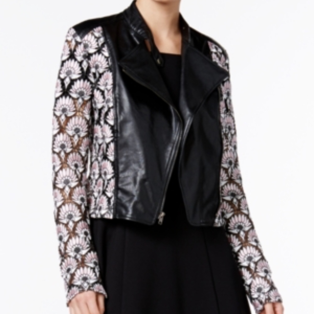 YYIGAL Lace Faux Leather Trim Moto Jacket New M